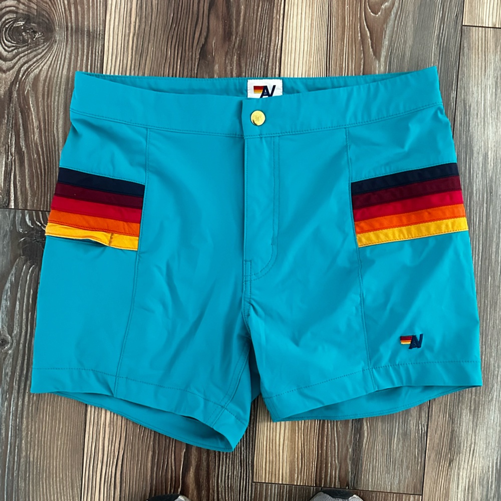Aviator Nation Swim Shorts Mens 29 Black Rainbow Striped Trunks
